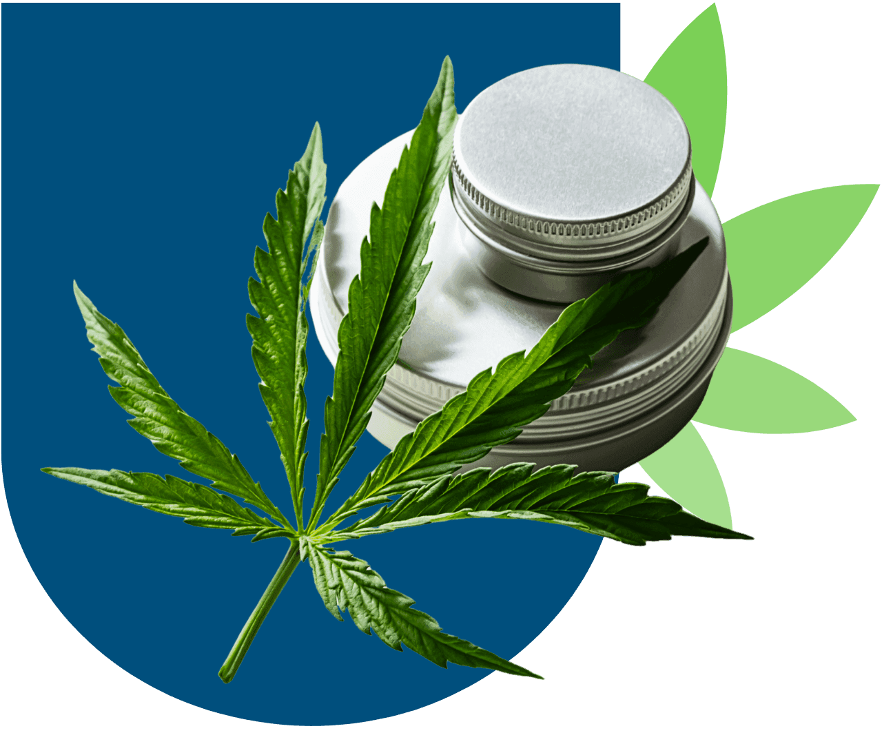 Cannabisblatt mit 2 verschlossenen Metalldosen mit dunkelblauem Hintergrund